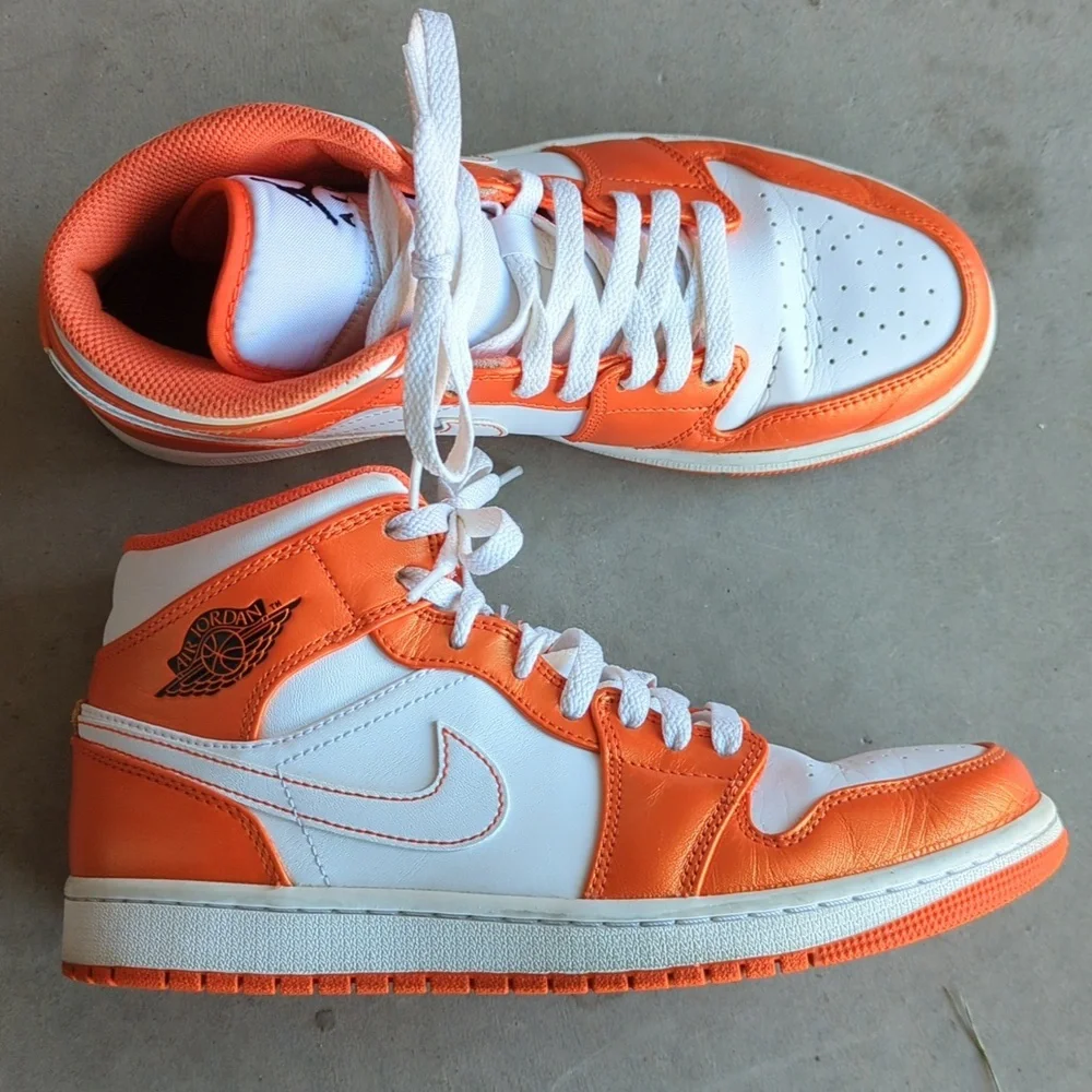 Nike Jordan 1 Mid SE‎ Metallic Electro Orange & White Sneakers Size 8